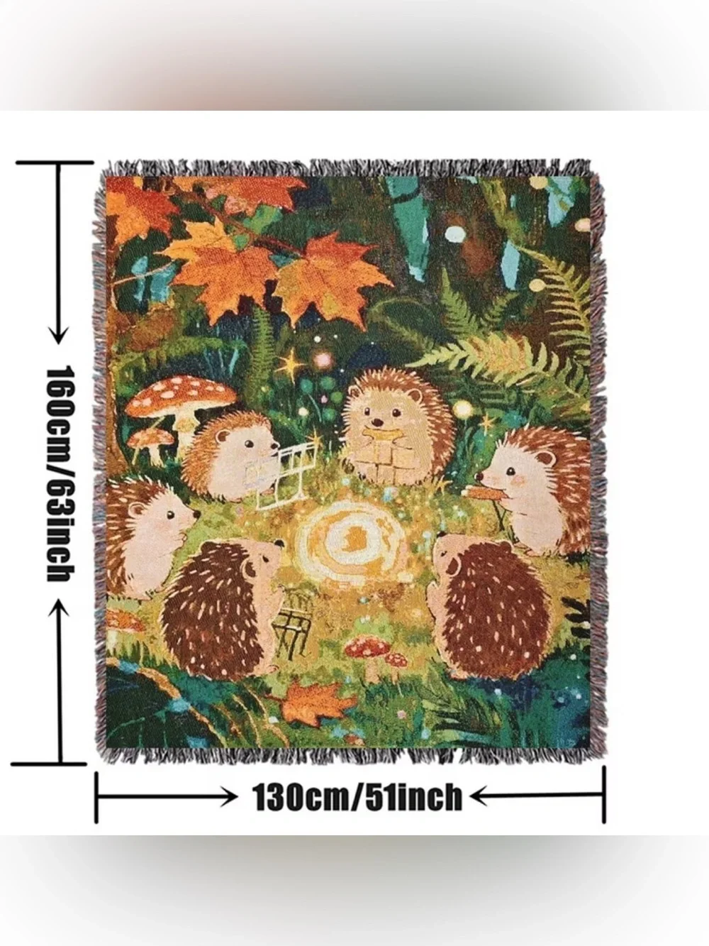 Cottagecore Hedgehog Campfire Throw Blanket Whimsical Forest Fringe Tapestry NWT